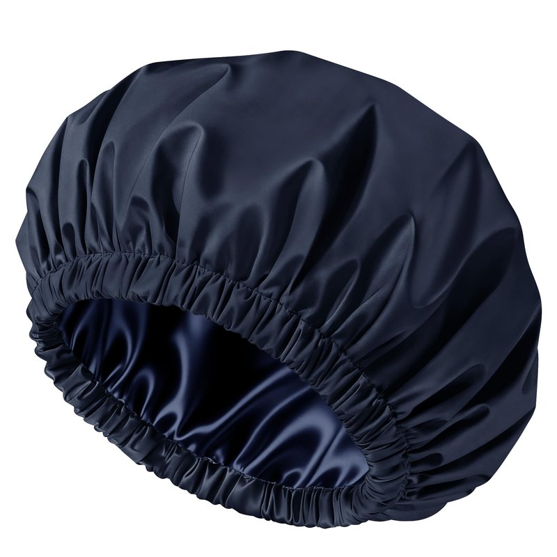 Doitory Shower Cap for Women, Reusable Waterproof Shower Cap Satin Lined with Soft Elastic Band, Large Washable Bath Caps(Navy Blue)