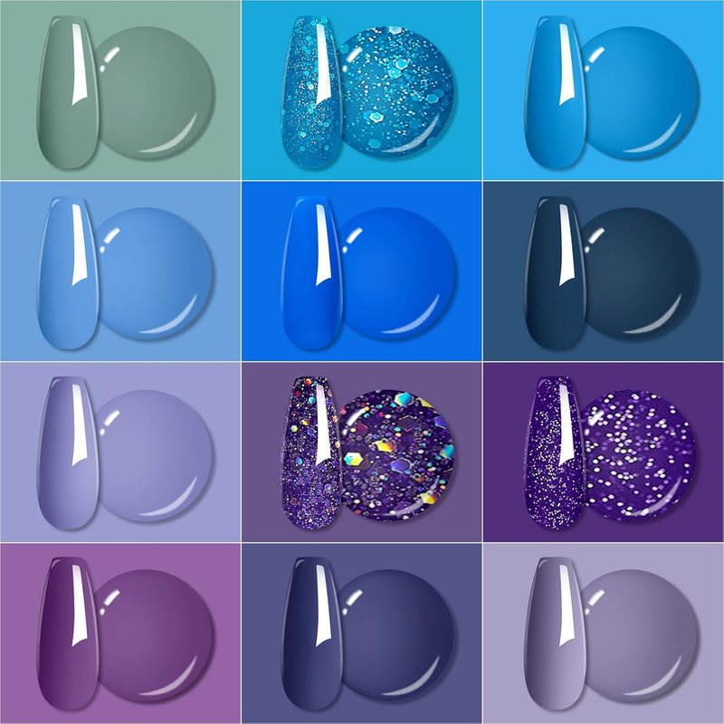 MTSSII Gel Nail Polish Set 12 Colors Blue Purple Gel Polish Kit Baby Blue Lavender Dark Purple Glitter Gel Nail Polish Aquamarine Mermaid Soak off Uv LED Gel Manicure DIY Nail Home
