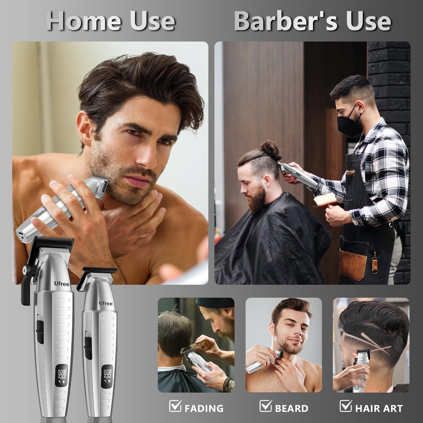 Ufree Professional Hair Clippers for Men with Bag, Mens Clippers and Trimmers Set, Barber Clippers Set, Electric Beard Trimmer, Gifts for Men, Silver