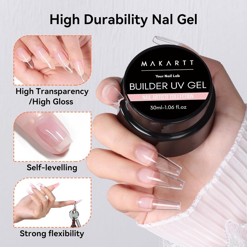 Makartt Clear Gel Builder Kit - Self-Levelling Hard Gels for Nail Strengthening | 1.06 oz, Includes Forms & Brush