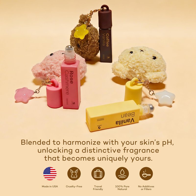 purefittech Pheromones Perfumes for Women Rose Cashmere Lychee Scent Roll-on Perfume with Kawaii Bear Keychain,Travel-Size Eau de Parfum, All-Day Fresh, Ideal Gift, Made in USA, 0.34 fl oz (10ml)