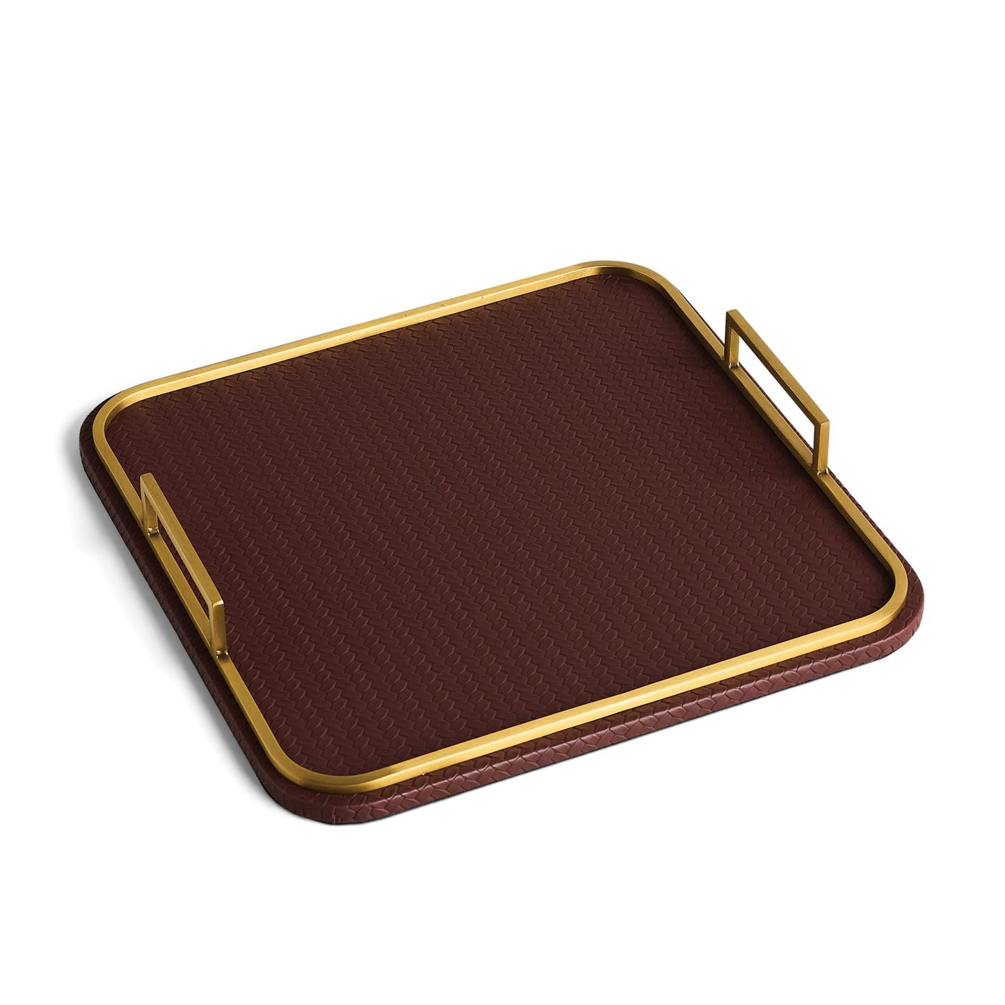 Preston Lane Mayfair Decorative Tray – Vegan Leather with Woven Texture, Brushed Brass Handles – Serving, Dresser & Coffee Table Tray, Espresso 12.8 x 12.8 x 1