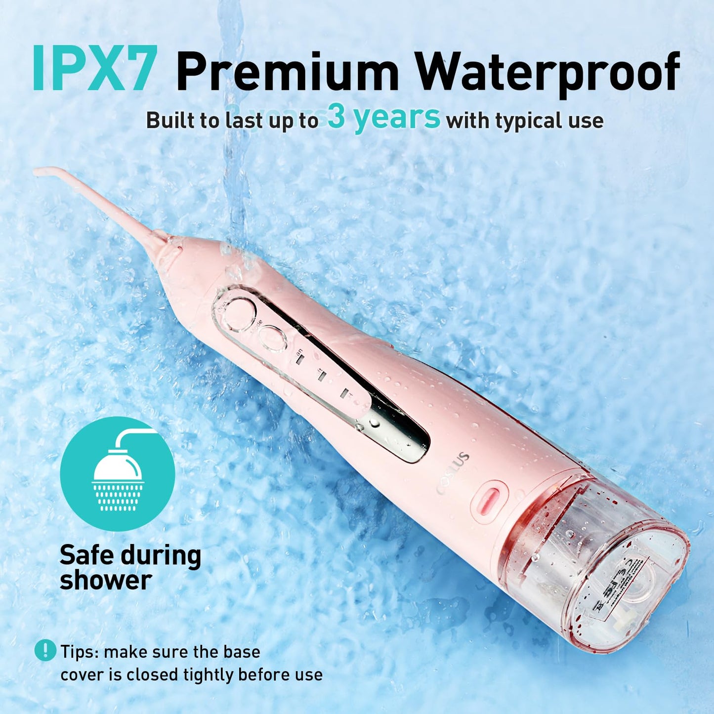 COSLUS ADA Accepted Water Dental Flosser Teeth Pick C20: Portable Cordless Oral Irrigator 300ML Rechargeable Travel Irrigation Cleaner IPX7 Waterproof Electric Flossing Machine, Professional Set Pink