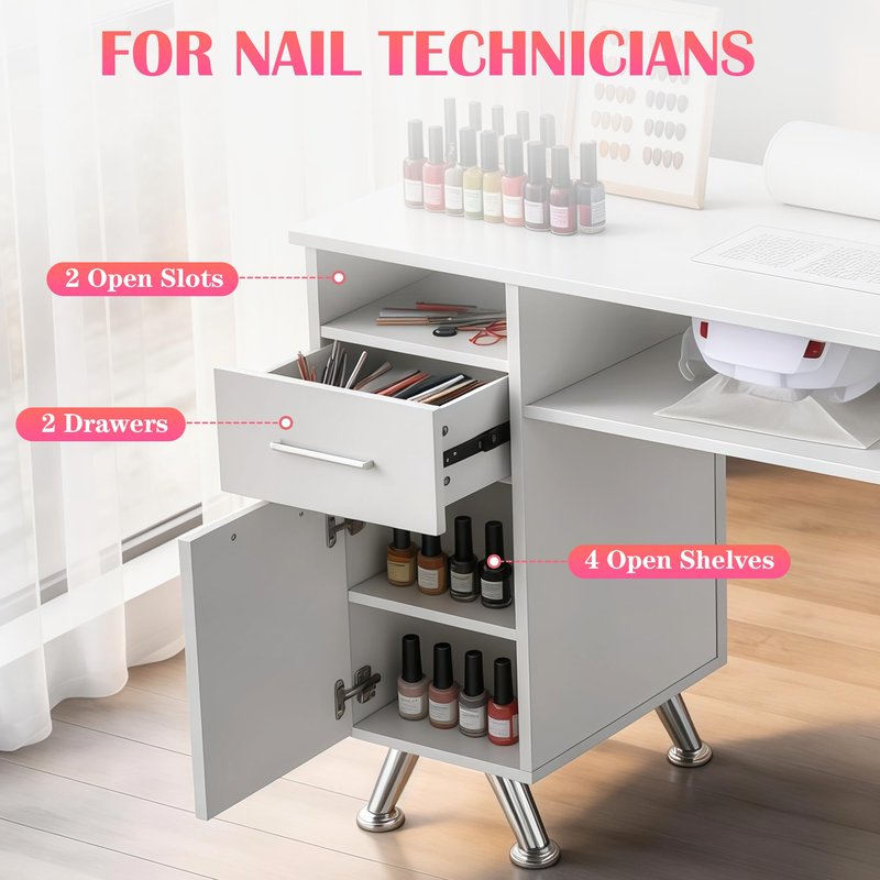 Hicomony Manicure Table Nail Desk with Storage, Professional Nail Tech Desk,with Upholstered Leather Cabinets, Crystal Tufted Modern Nail Salon Desk Table for Beauty Studio
