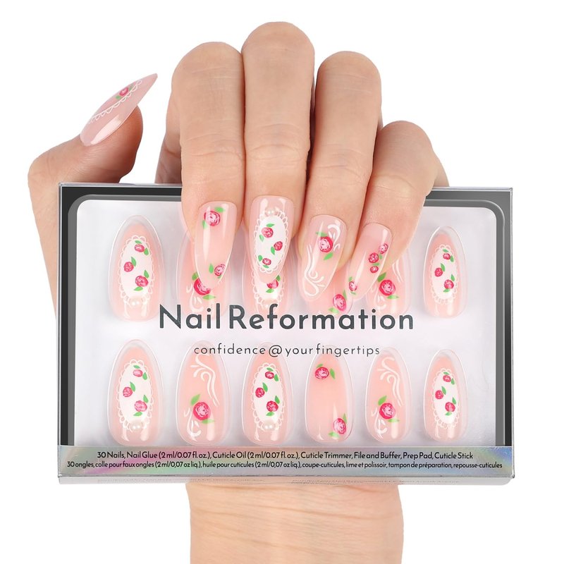 Nail Reformation Press On Nails, Pink Roses Medium Almond Fake Nails with Lace & Pearl on Nude Base in Glossy Finish, Reusable Stick On Nails in 15 Sizes - 30 Nail Kit, Manicure Gifts for Women