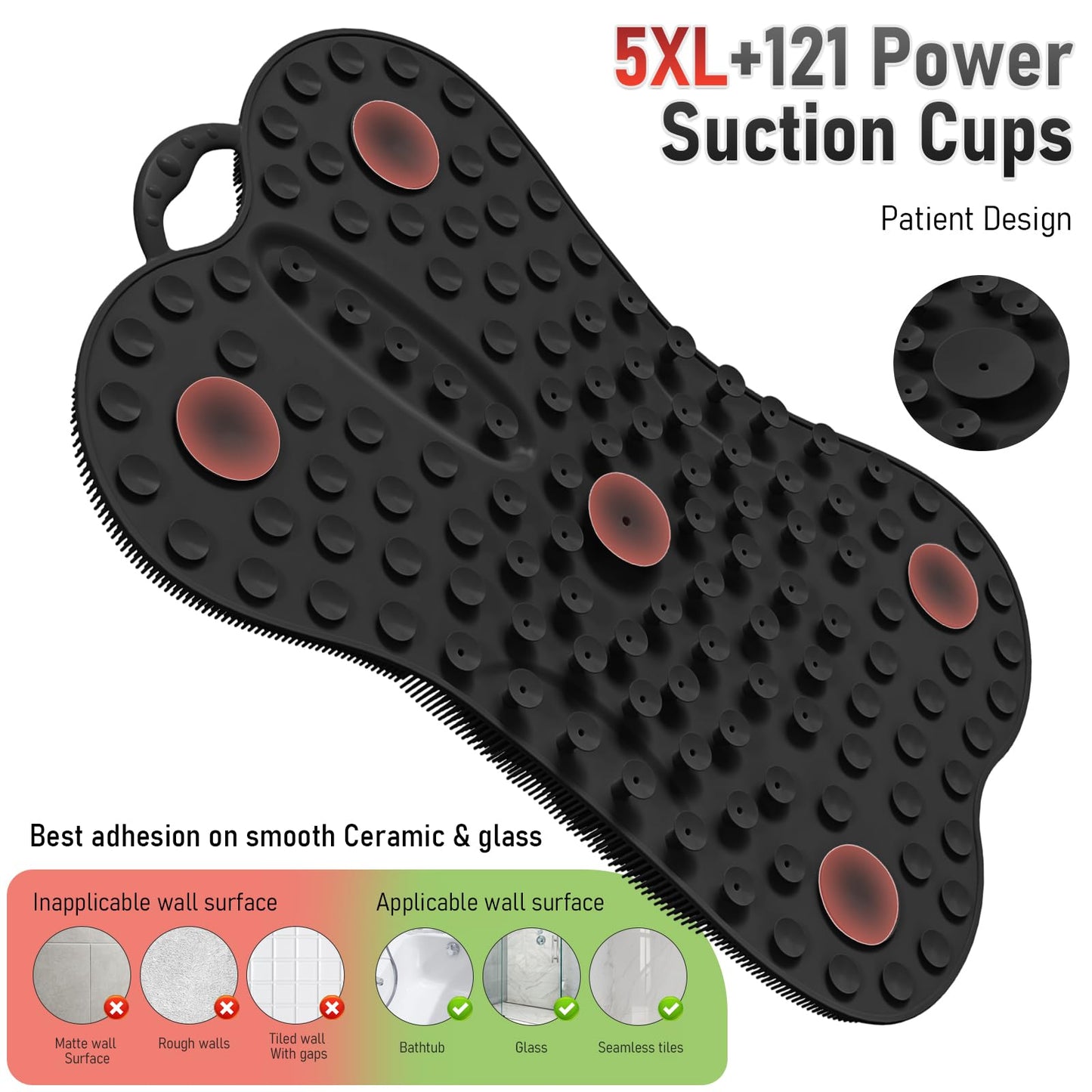 Back Scrubber for Shower Wall Mounted Men Exfoliating Scratcher Mat Extra Large Silicone Hands Free Body Brush, 3D Ergonomic Back Support Message Lower Pain Relief with Anti-slip Suction Cups Black
