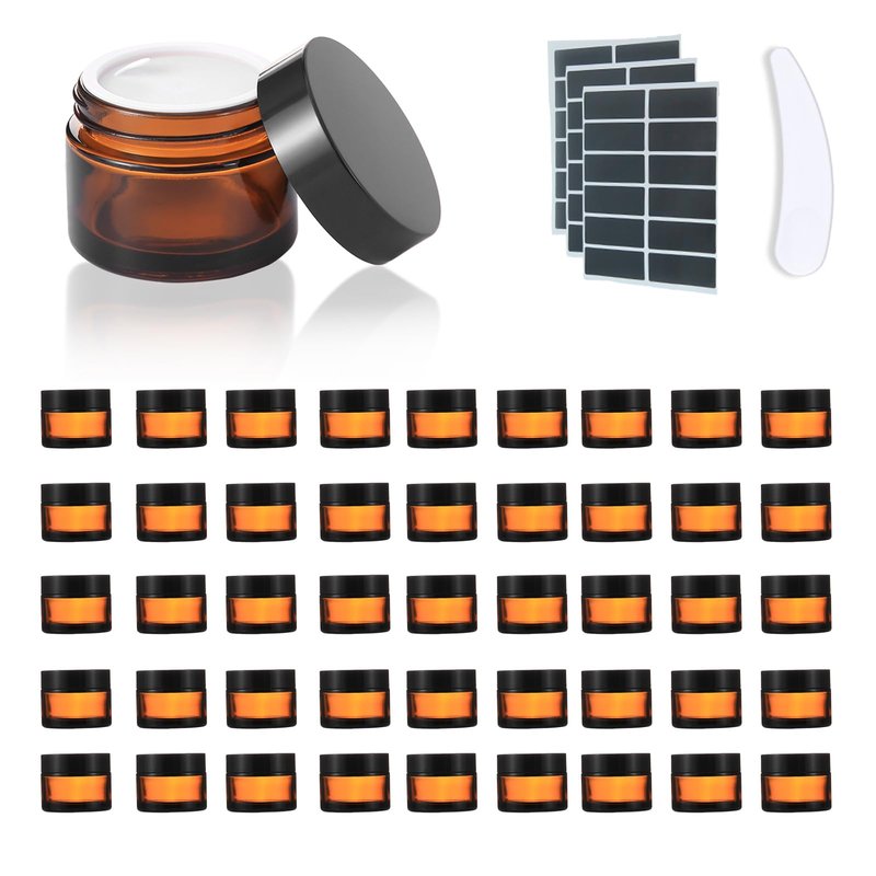 Lustervial 45Pack 2oz Small Amber Glass Jars with Lids, Lotion Container, Cosmetic Containers, Little Travel Jars for Creams with Mini Spoon, Black Label