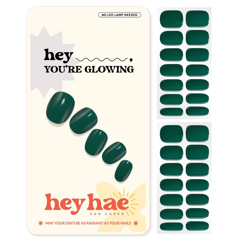 Heyhae Semi Cured Gel Nail Strips | No LED Lamp Needed | Solid, Green | Easy Apply & Remove, Salon Quality | Includes 28 Strips, 1 Prep Pads, Nail File & Wooden stick - Hey, You're Glowing