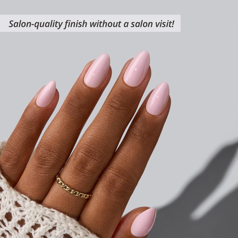BTArtbox Press On Nails Short - Home CEO, Easy-to-Apply Light Pink Almond Press On Nails with Glue and Adhesive Tabs in 16 Sizes - 32 Nails All-in-One Kit