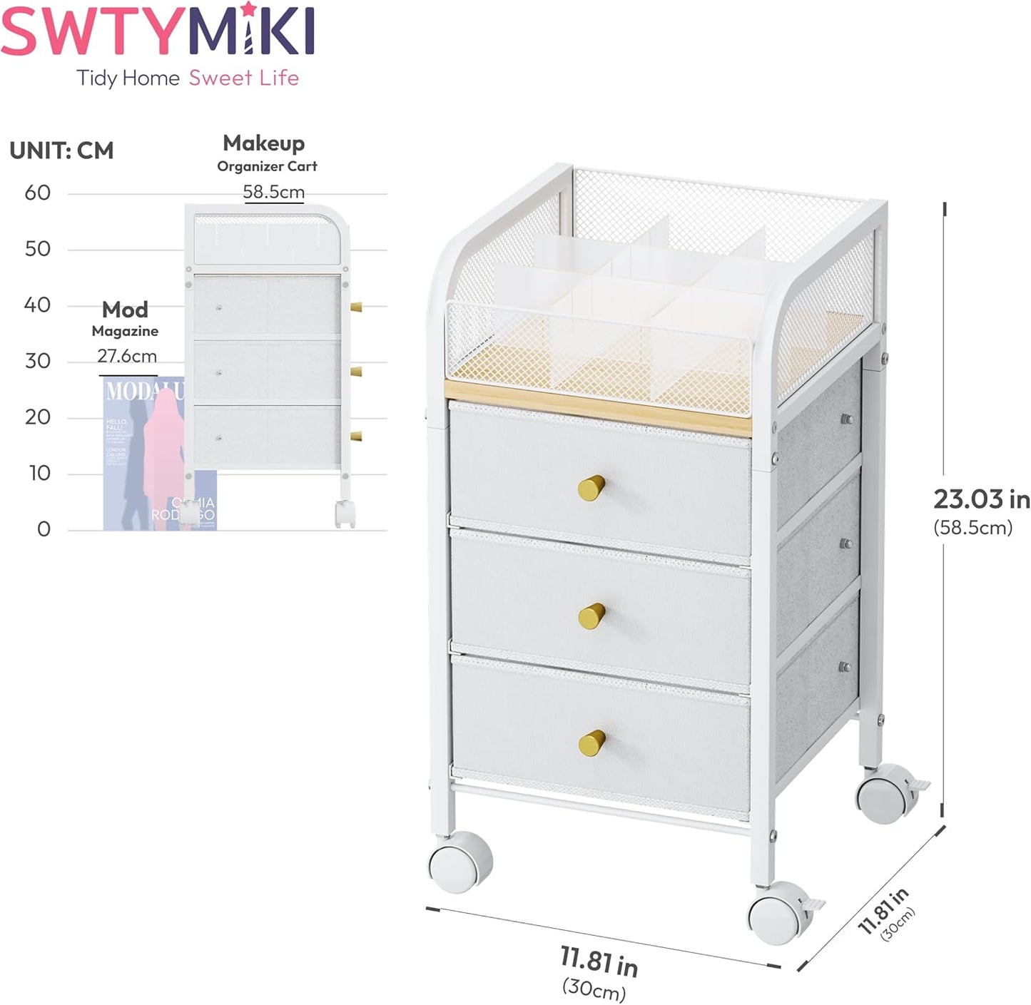 SWTYMIKI Rolling Makeup Organizer Cart - Under Desk Vanity Storage with 3 Drawers | Perfect for Cosmetics & Tools