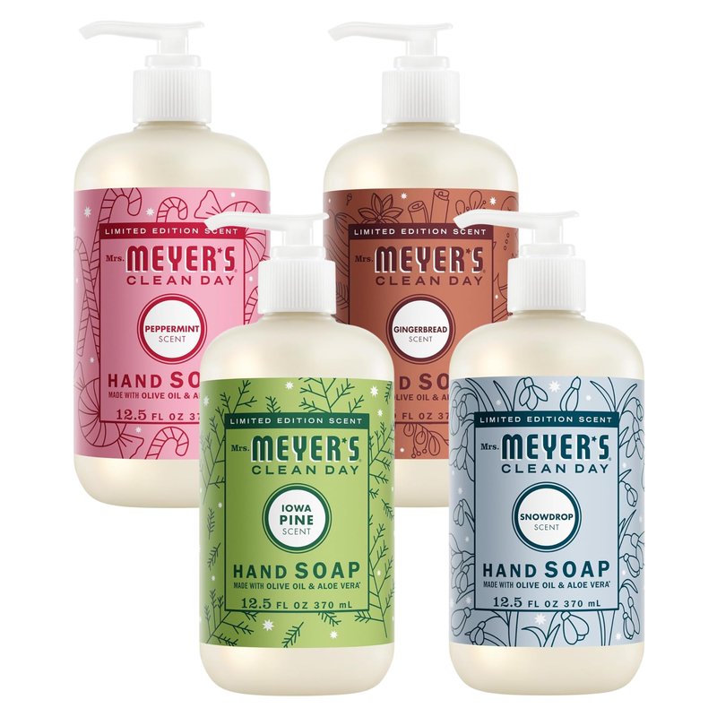 MRS. MEYER'S CLEAN DAY Holiday Hand Soap Bundle (Gingerbread + Iowa Pine + Peppermint + Snow Drop)