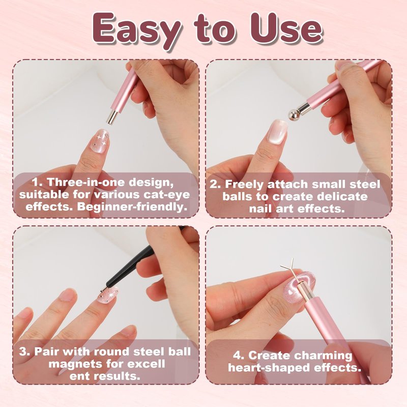 4pcs Cat Eye Nail Magnet Set, Multifunctional Nail Art Magnet Pen with Magnetic Guide Tool for DIY Cateye Gel Nails Polish Design Accessories at Home and Salon Use, Beginner-Friendly