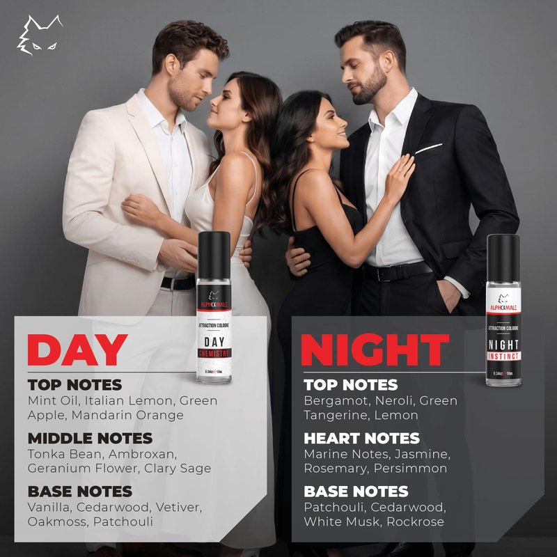 AlphaMale Day and Night Pheromone Infused Cologne for Men 2 Pack – Fresh Day & Musk Leather Night Fragrance – Pheromone Fragrance Roll-On – Long Lasting Scent – Travel Size 0.34 Oz Each