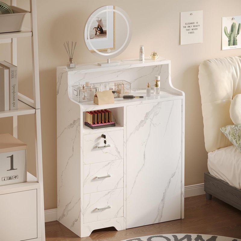 DUDUSHIMAN Foldable Nail Desk for Nail Tech, L Shape Manicure Table with Cabinet Drawer & Built-in Charging Station, Portable Nail Table for Beauty Salon Workstation (Marble)
