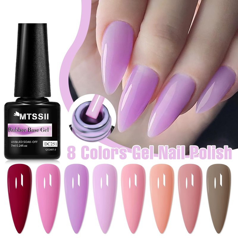 MTSSII 8PCS Rubber Base Gel for Nails Pale Pink Purple Neutral Skin Tones Rubber Base Gel Polish Kit DIY Manicure DIY Nail Art
