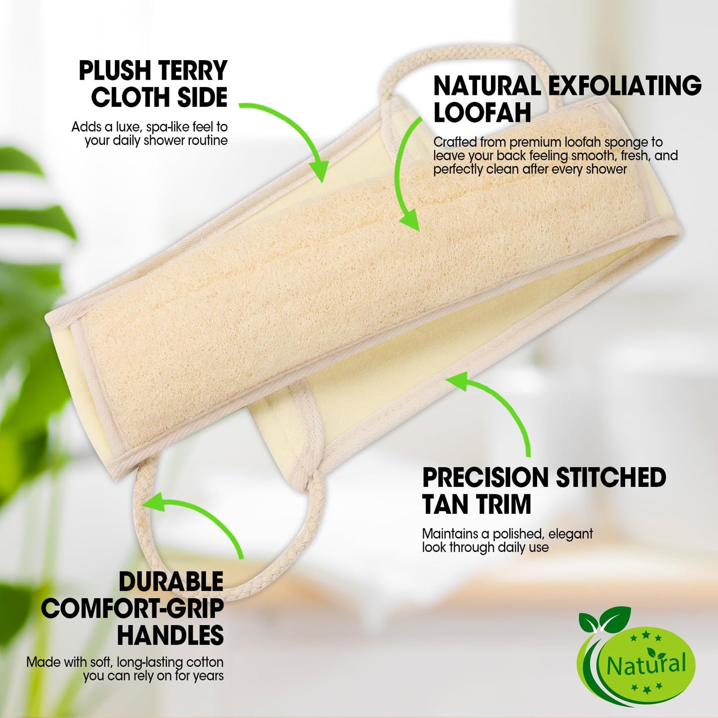 Loofah Back Scrubber with Handle, Natural Exfoliating Shower Sponge, Deep Clean Back Scrub for All Skin Types, Durable Bath Loofah for Daily Use