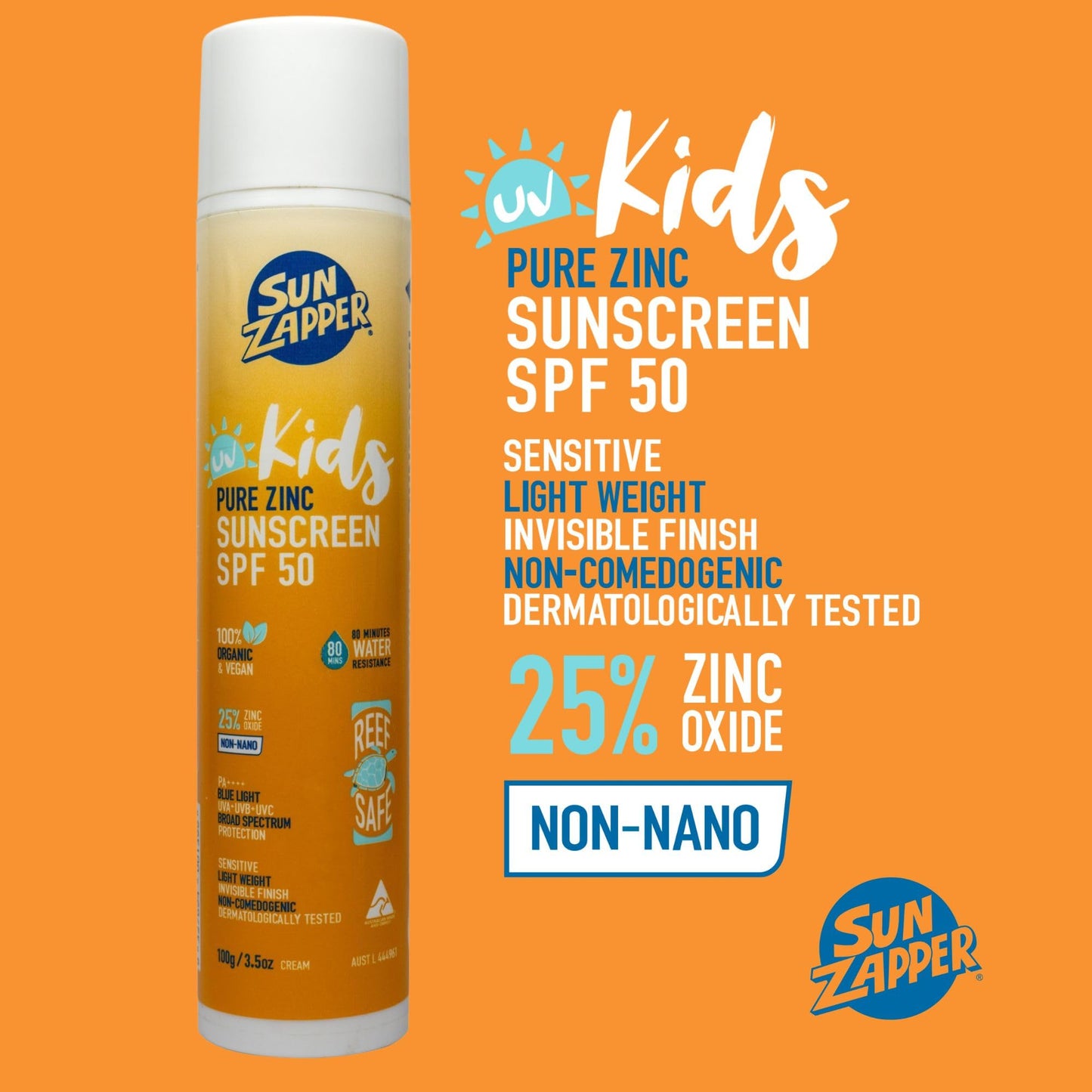 Sun Zapper Kids Pure Zinc Sunscreen SPF 50 – Mineral Sunscreen for Children with Organic Ingredients, 25% Non-Nano Zinc Oxide, Reef Safe, Water Resistant, Fragrance Free, Vegan, 100g (3.5 oz) Pump
