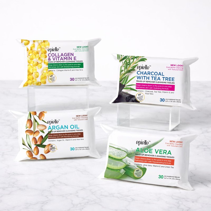 Epielle Makeup Remover Wipes - Gentle Facial Cleanser Towelettes with Collagen & Aloe Vera | 30 Count (Pack of 6)
