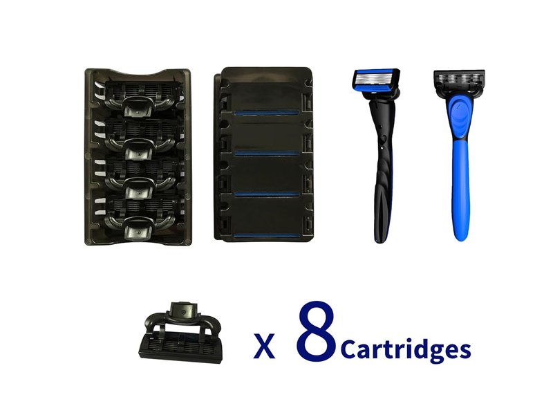 6-Blade Razor for Men & Women | Plastic Anti-Slip Handle with 8 Refill Cartridges - Black