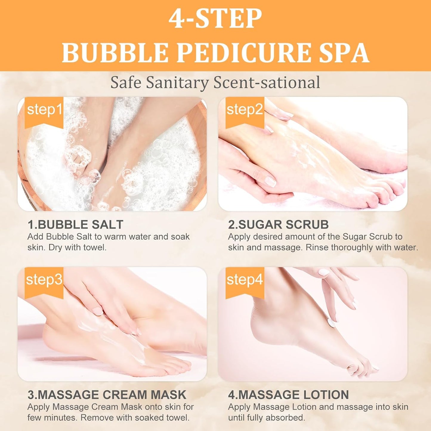 Skiennix Pedicure Kit - 4-Step Foot Spa Set with Bubble Salt, Sugar Scrub & Massage Lotion | Tropical Fruit