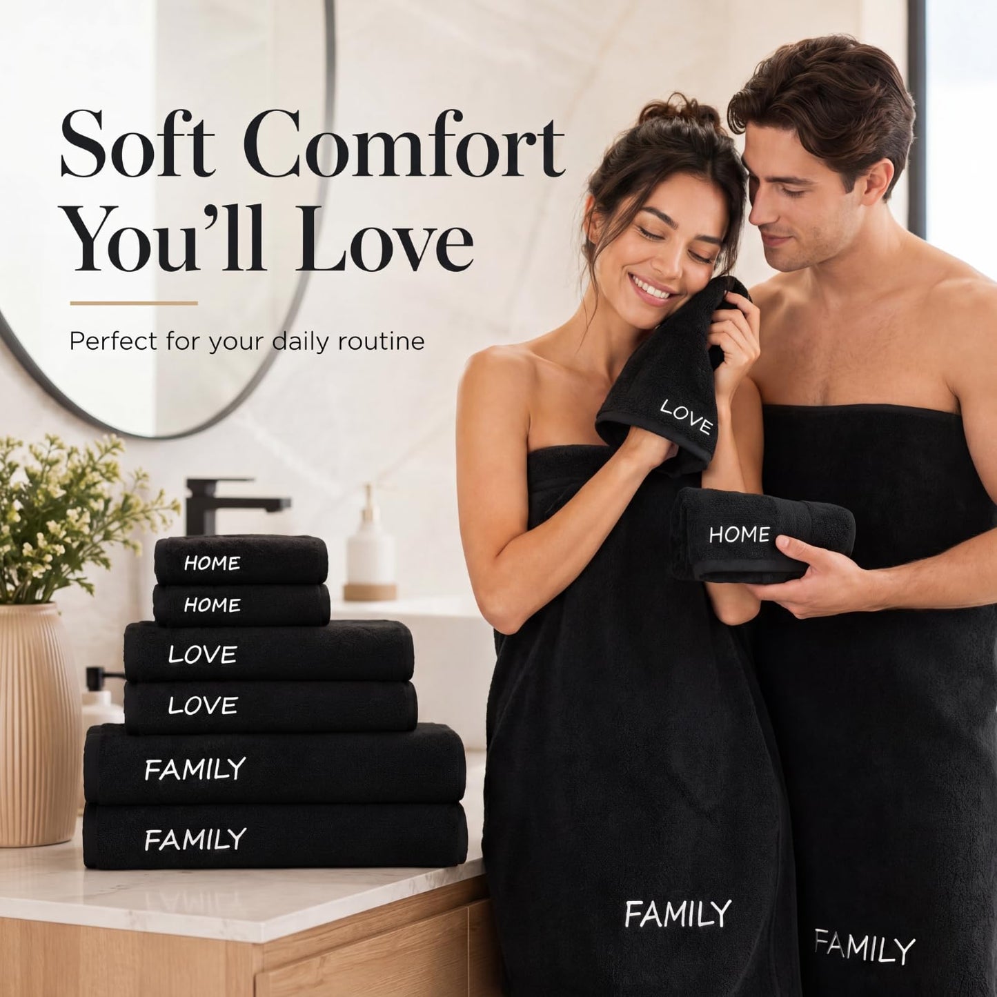 Peryiter 6 Pack Cotton Black Farmhouse Decorative Bath Towels Set, Soft and Absorbent, Contains 2 Bath Cloth, 2 Hand Cloth and 2 Washcloths