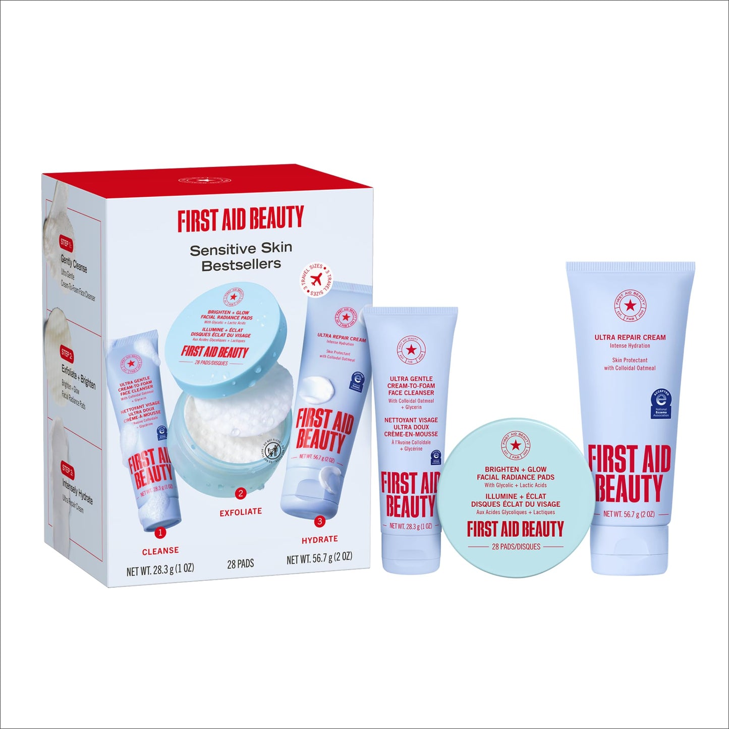 First Aid Beauty Sensitive Skin Skincare Routine Set, Ultra Gentle Cleanser + Facial Radiance Pads + Ultra Repair Cream, Fragrance Free Hydrating & Exfoliating Travel Kit, 3-Piece Gift Set