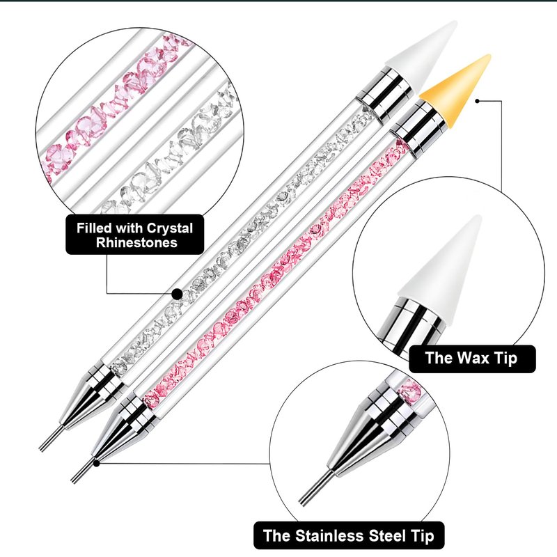 Rhinestone Picker Tool - Dual-Ended Nail Art Applicator with Acrylic Handle & 4 Wax Tips | 2 Pack