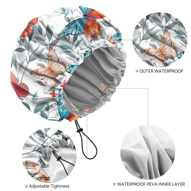 BHAHB Shower Cap Reusable Double Layer Adjustable Elastic Waterproof EVA Hair Bath Caps for Women Girls Cute Aesthetic-Butterfly