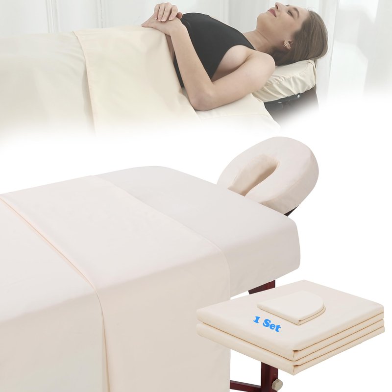 Microfiber Massage Table Sheet Set 3-Piece, Soft Wrinkle-Free Bed Cover, Includes Fitted Sheet, Flat Sheet, and Face Cradle Cover for Spa, Salon, Tattoo (Beige)