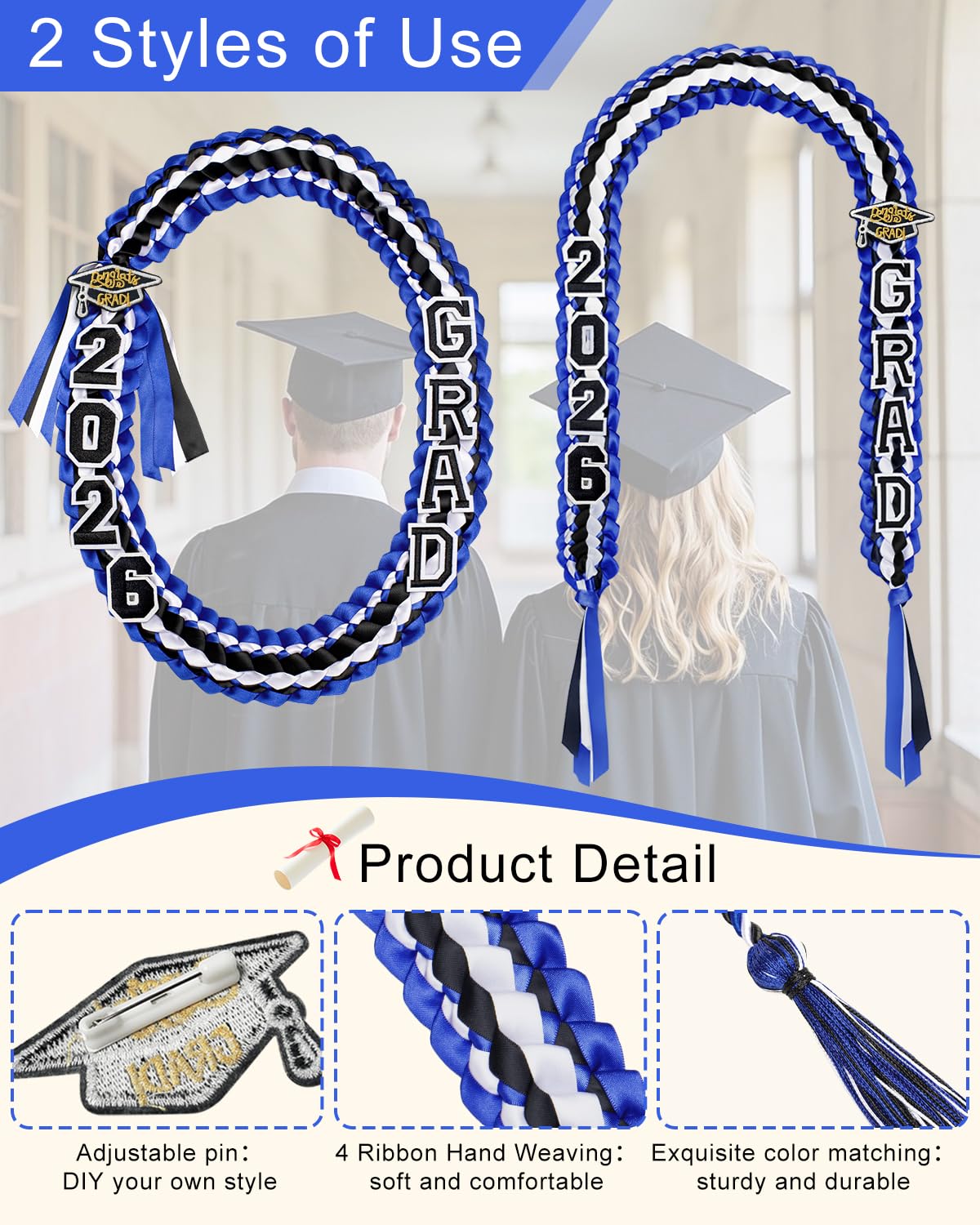 Yigney Graduation Lei Set Class of 2026 Grad Ribbon Leis with Honor Cord Double Braided Graduate Leis for Men Women Blue Black White