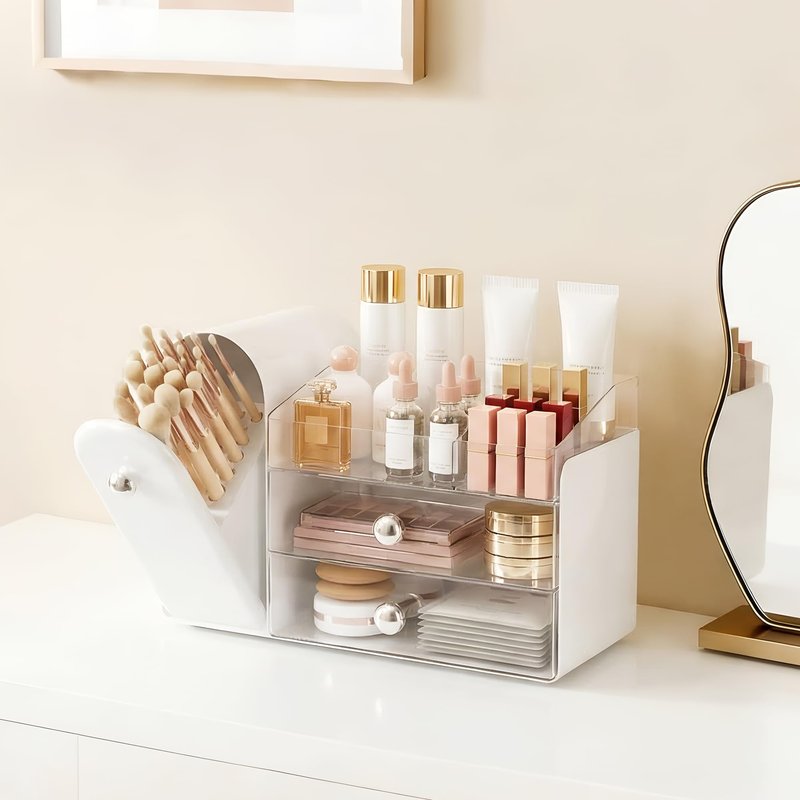 lurcns Makeup Organizer with Dustproof Brush Holder for Vanity, Large Cosmetics Organizer and Bathroom Countertop Skincare Storage with 2 Clear Drawers for Lipstick, Perfume, Eyeshadow Palettes,White