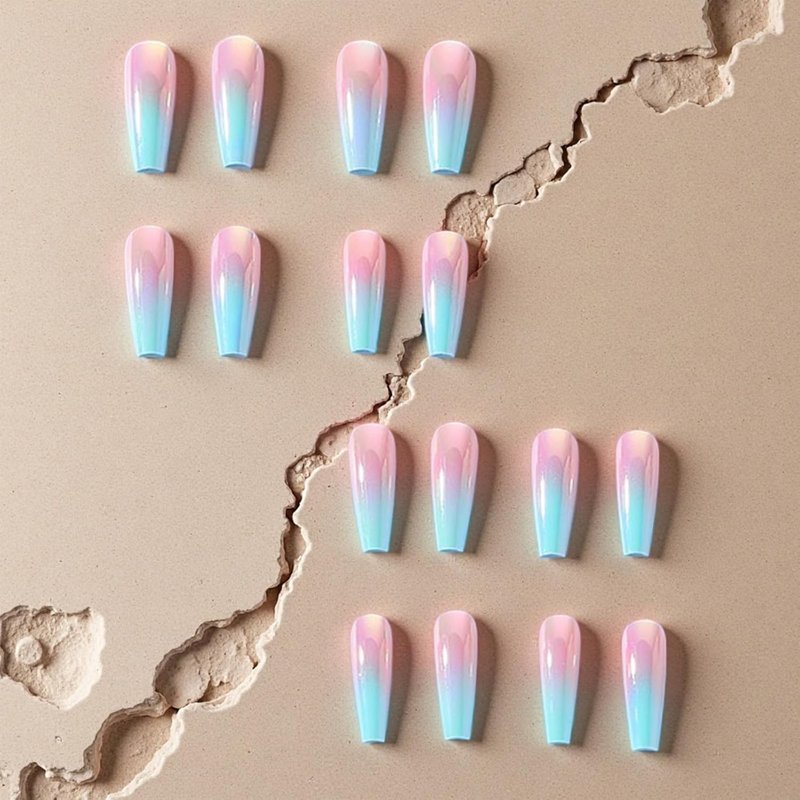 Pink Blue Gradient Press-On Nails - Glossy Long Coffin Acrylic | 24 Pcs Reusable Full Cover for Summer Beach Wear