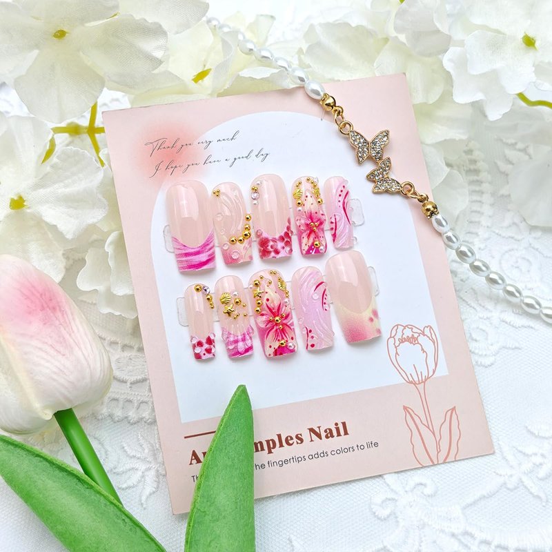 24Pcs Summer Starfish Press on Nails Long Square Fake Nails 3D Pink Floral with Gold Rhinestones Cute Design Ocean Beach Glue on Nails Acrylic French Tip False Nails Stick on Nail for Women Manicure