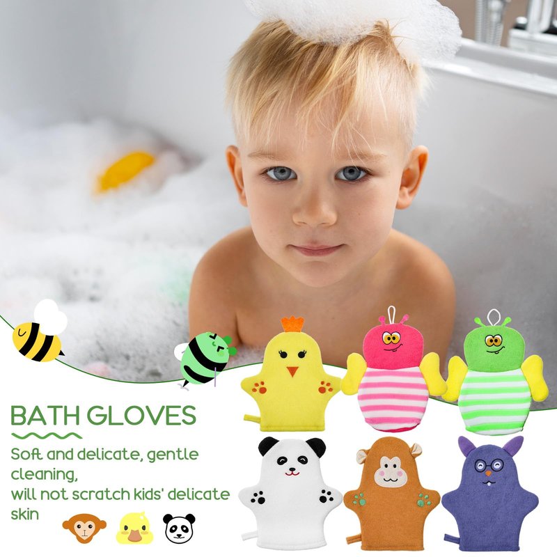 Sibba 6 Pcs Baby Bath Mitt Washcloths Gloves, Gentle Cute Exfoliating Wash Mitt Animal Pattern, Baby Mittens Bath Towel Glove Soft Scrub Toddler Wash Cloths Body Scrubber Bathing Loofah Infant Gloves