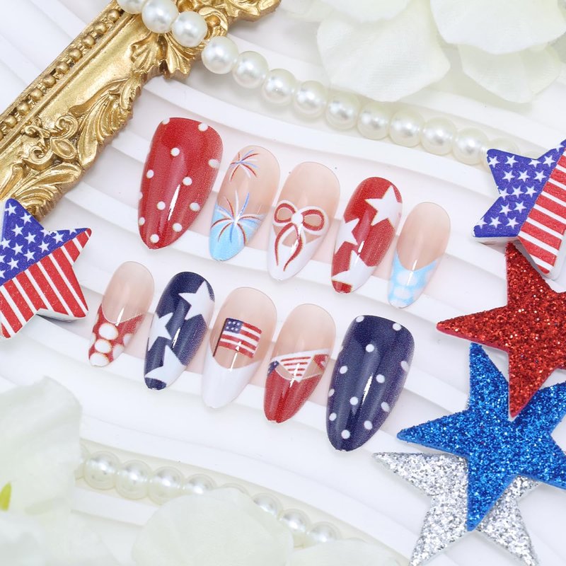 Independence Day Press-On Nails - 30Pcs Medium Almond Red, White & Blue Star Design | Reusable Patriotic Fake Nails for Women