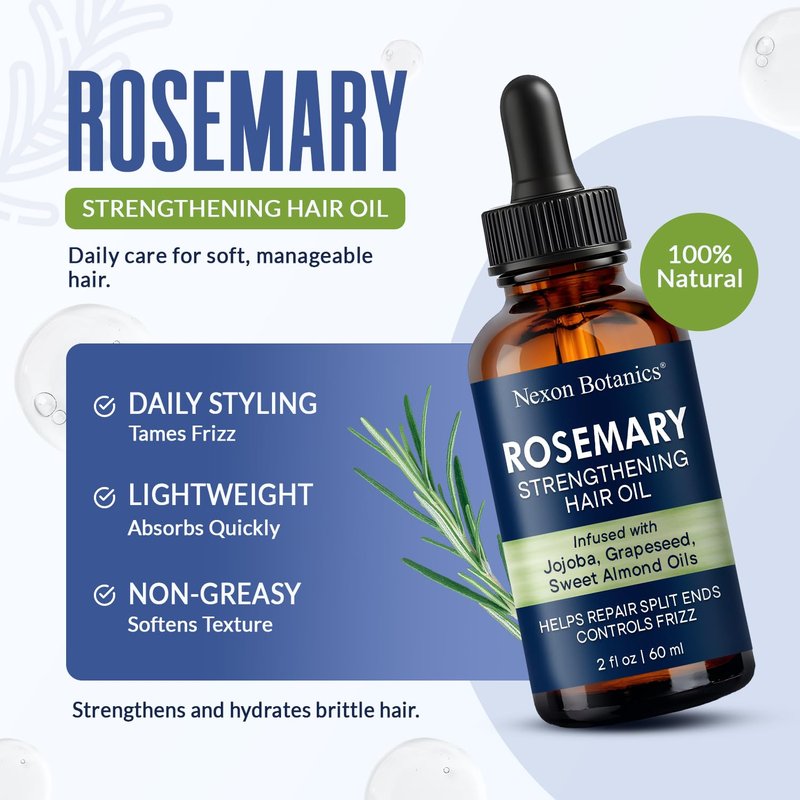 Nexon Botanics Rosemary Hair Oil - Lightweight Scalp Treatment for Hair Growth | 2 fl oz with Peppermint, Jojoba & Vitamin E