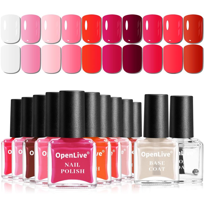 12 PCS Pink Nail Polish Set - 10 Vibrant Colors + 2 Base & Top Coats | Fast Drying, Long Lasting 5ML