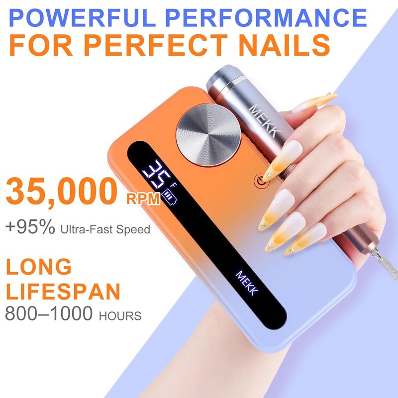 Electric Nail Drill Kit - 35,000 RPM Professional Nail File with 12 Bits | Cordless E-Filer for Home & Salon (Orange Blue)