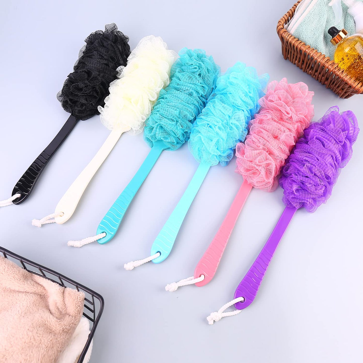 Back Scrubber Brush Long Handle for Shower, Loofah On a Stick Sponge Back Brush, Body Exfoliator Scrubber Bath Brush for Men Women, Exfoliating Cleaning Back Scrubber (2 Pack-Green+Purple)