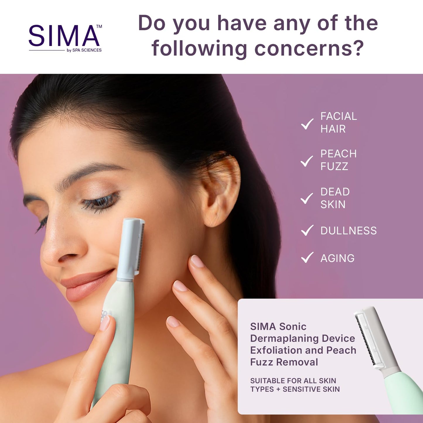 SPA SCIENCES - SIMA Patented Dermaplane Razor for Women Face – Painless 2-in-1 Facial Exfoliation & Peach Fuzz Hair Removal – Anti-Aging – 3 Speeds – Rechargeable – 19 Weeks Treatment