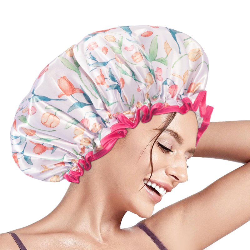 Aquior Shower Cap for Women, Waterproof Reusable Hair Cap with Soft Elastic, Large Size for Long Hair, Cute Bath Cap for Shower, Skincare, Cooking, Spa and Travel Use