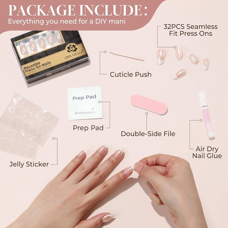 **Press On Nails - Almond French Tip Soft Gel Kit | 32 Reusable Chrome Fake Nails, 16 Sizes**