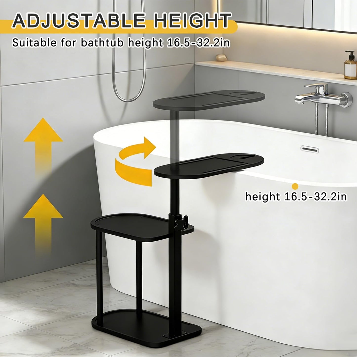 3-Tier Freestanding Bathtub Tray Table, Bamboo Swivel Bathtub Side Table with Height Adjustable Design, Standing Bath Tray for Tub Against Wall, Bathroom Organizer for Luxury Home Spa (Black)