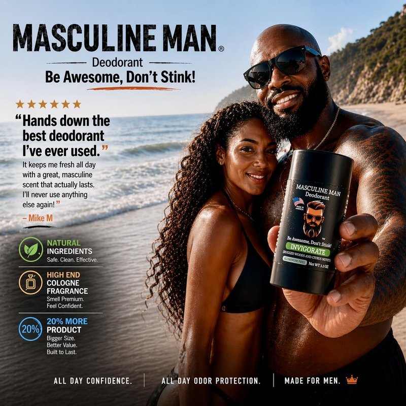 MASCULINE MAN Deodorant for Men - Aluminum Free Mens Deodorant - Natural Deodorants - Sweat Protection for Underarm, Stain-Free Stick Deodorants, Made in USA, 3.2oz (Pack of 2, Invigorate)