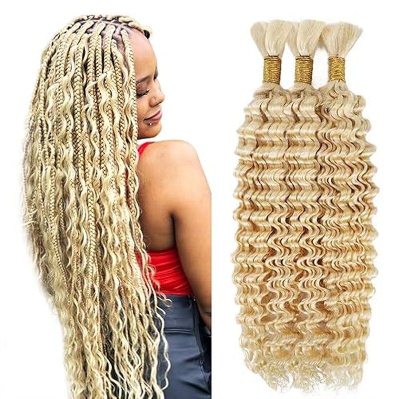 #613 Blonde Human Braiding Hair Deep Wave Bulk 18 18 18 Inch Human Hair Weave 3 Bundle Unprocessed Brazilian Virgin Hair Honey Blonde Deep Curly Braiding Hair Extensions 50 Grams/Bundle
