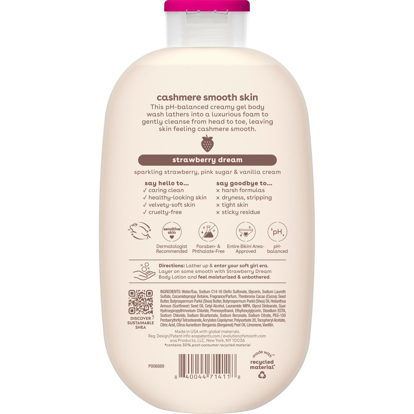 eos Cashmere Body Wash – Strawberry Dreams, Moisturizing Body Wash, Creamy Gel Formula, with Shea Butter, Glycerin, Vitamin E, pH Balanced, Sensitive Skin, Vegan, 16 fl oz