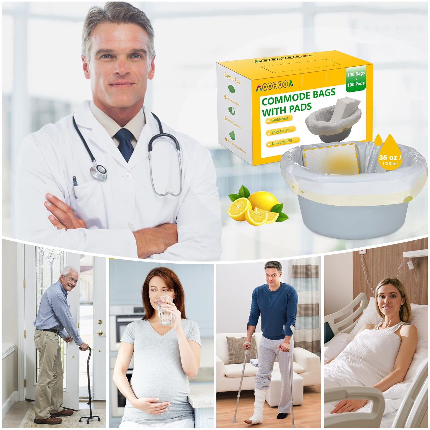 AOOHOOA Bedside Commode Liners with Pads | 100 Commode Bags+100 Absorbent Pads | Leak-Guard | Rapid Absorption | Lemon Scented | Bedpan | Bedside Commode | Camping Toilet