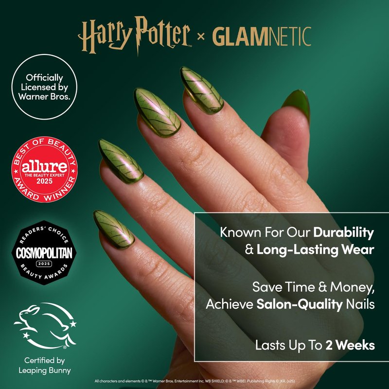 Glamnetic Press On Nails x Harry Potter™ - Mandrake | Short Almond Fake Nails with Iridescent Glazed Green Shimmer, Salon Quality Officially Licensed | 15 Sizes - 30 Nail Kit with Glue
