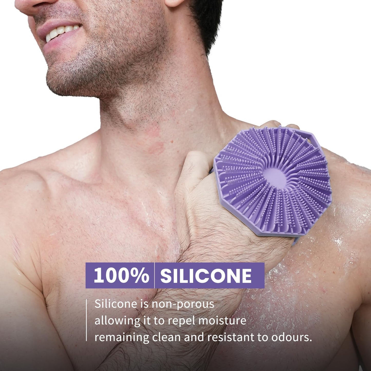 iTokGoK® Premium Silver-Infused 2 in 1 Silicone Body Scrubber, Double-Sided Design Body Brush Silicone Body Scrubber Exfoliating Body Brushes for All Skin for Showering, Lathers Well - Lavender