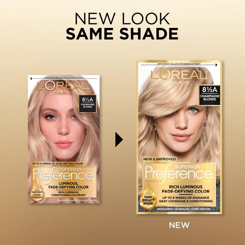 L'Oreal Paris Superior Preference Luminous Fade-Defying Permanent Hair Color, Hair Dye For Up to 9 Weeks of Radiance, Champagne Blonde 8.5A, 1 Hair Dye Kit
